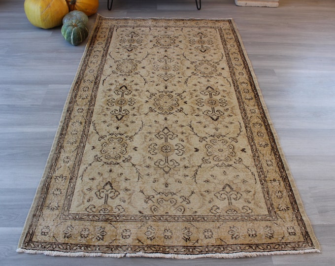 3'8"x6'9" ft , Vintage Beige Rug, Vintage Oushak Rug, Low piled Anatolian rug, beige-brown rug, turkish area rug ,small beige rug / B-1313