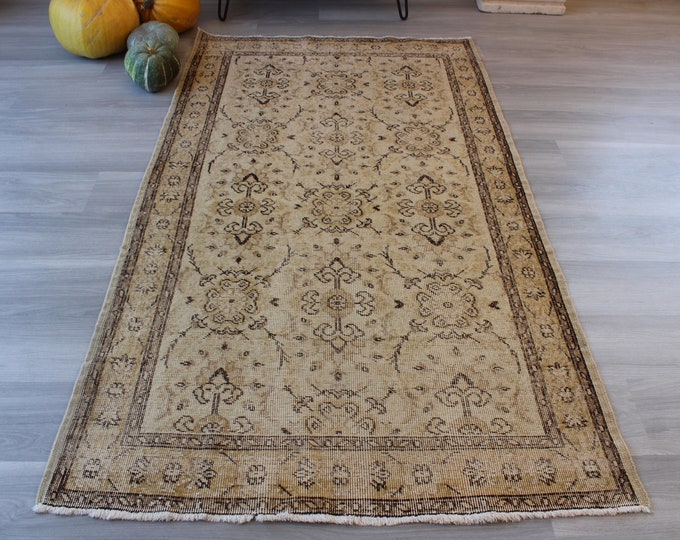 3'8"x6'9" ft , Vintage Beige Rug, Vintage Oushak Rug, Low piled Anatolian rug, beige-brown rug, turkish area rug ,small beige rug / B-1313