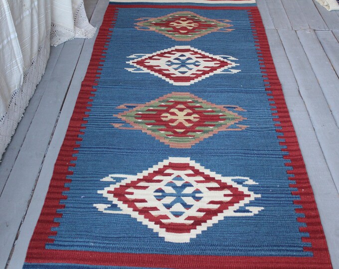 2'7"x6'7"feet  Vintage Kilim Runner Rug, Ethnic Kilim Throw, Bohemian Blue Kilim Runner, Aztec Kilim Runner, Aztec Rug