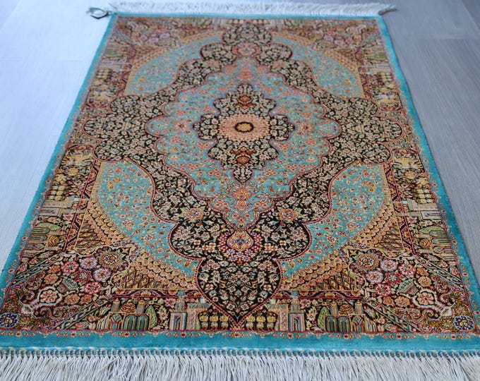 2'x3' Blue Silk Rug , Small Silk Rug, Blue Silk Rug / B-2022 / 1'9''x3'