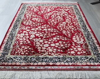 Burgundy Floral Silk Rug, 3'3''x5' Silk Rugs , Allover Floral Sil Rug / B-1928