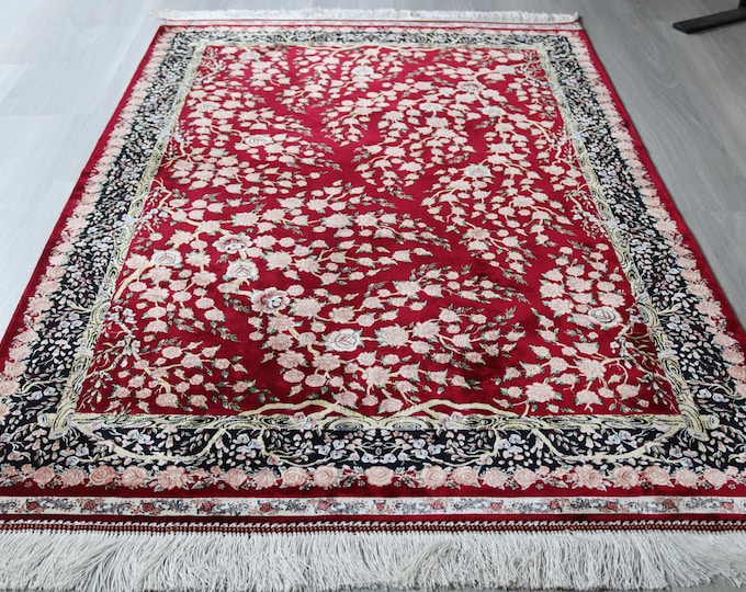 Burgundy Floral Silk Rug, 3'3''x5' Silk Rugs , Allover Floral Sil Rug / B-1928