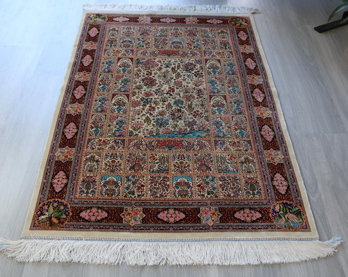 Silk Rug, 3'2''x5' Botanical Silk Rug, Handwoven Silk Rug / B-1913