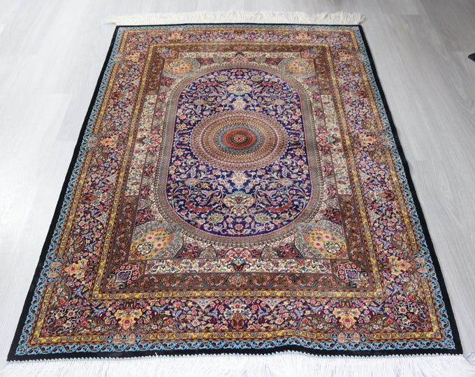 Silk Rug, 3'3''x5' Traditional Medallion Silk Rug, Blue Silk Rug / B-1923