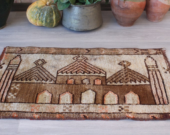 Wool Door Mat, Ethnic Rug , Bohemian Door Mat, Handwoven Small Rug, Small Anatolian Rug / B-1459 / 18x32 inch