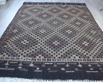 7'2"x9'5" ft , Vintage Kilim Rug, Bohemian Black-Beige Kilim, Ethnic Brown Kilim, Large Brown Kilim Rug , Embroidered Kilim Rug / B-1355 /