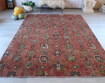 Vintage Rug, Vintage Oushak Rug, Red Floral Rug, Vintage Floral Rug,Traditional Turkish Rug / B-1261 / 6'4''x8'8''