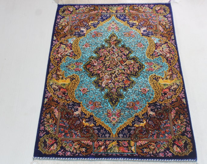 Blue Medallion Silk Rug, Blue Silk Rug, Silk Rug Tapestry / B-1791 / 2'x3'