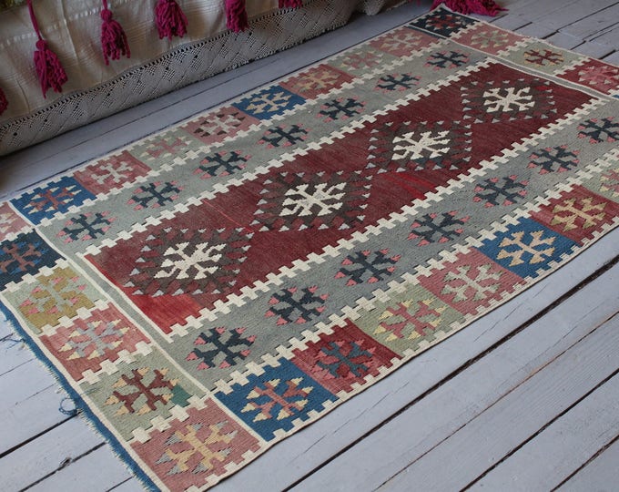 3'4"x5'3" Vintage Anatolian Wool Kilim,Bohemian Kilim,Handwoven Kelim,Tribal Kilim,Ethnic Wool kilim