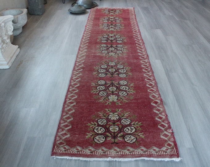 Vintage Rug Runner, Floral Rug Runner, Vintage Floral  Runner, Ethnic Red  Runner / B-1408 / 2'7"X10'9" feet