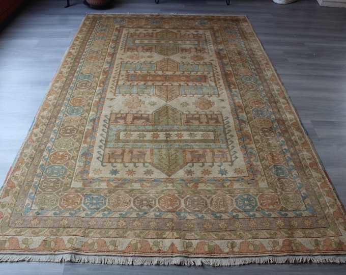 Vintage Oushak Rug, Mint, Cream, Blue, Olive Green, Peachy Pink Rug, Mute Colored Anatolian Rug / B-1754 / 5'6"x9'