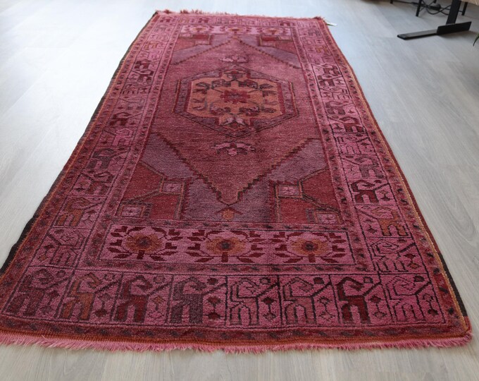 Vintage Pink  Rug,  Bohemian Handwoven Piled  Pink Rug / 3'1"x6'7" feet / B-294