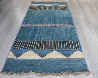 Patchwork Rug, Small Blue Runner , Bohemian Piled Blue Rug Runner  / B-1848 / 2'5''x6'3''