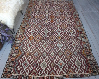 4'8"x9'4" ft   Vintage Kilim, Ethnic Kilim, Bohemian Kilim, MILAS Jijim Kilim, Vintage Large Area  Kilim