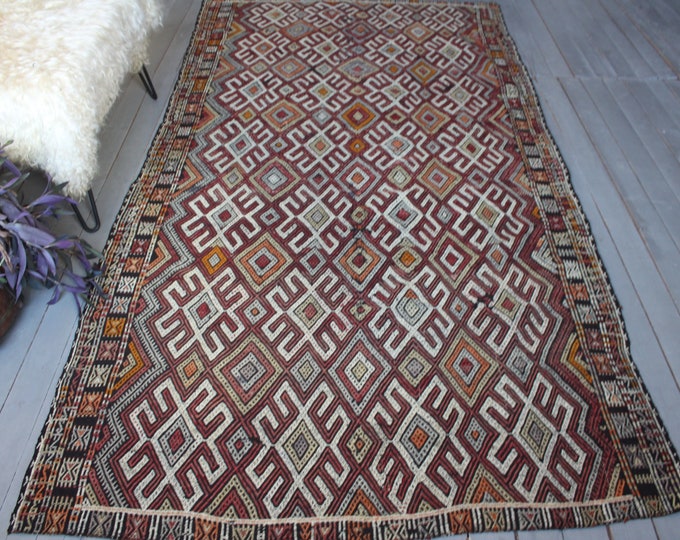 4'8"x9'4" ft   Vintage Kilim, Ethnic Kilim, Bohemian Kilim, MILAS Jijim Kilim, Vintage Large Area Kilim