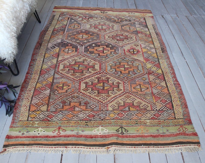 3'8"x6'2" ft  Vintage Ethnic Kilim, Bohemian Kilim Rug, Turkish Anatolian Kilim Rug, Decorative Kilim Rug