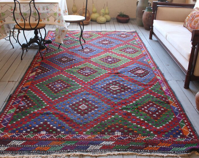 5'4"x 10'4" Vintage Handwoven Wool Mut Kilim Rug,Ethnic Bohemian Diamond Coloured Area Kilim