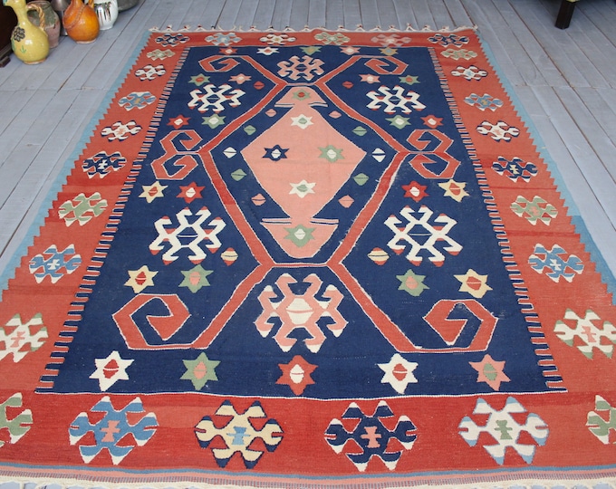 5'4"x 7'7"  feet Vintage Turkish Hand  woven Area Kilim Rug, Ethnic Blue Kilim, Geometric Design Wool Kilim Rug FREE SHIPPING