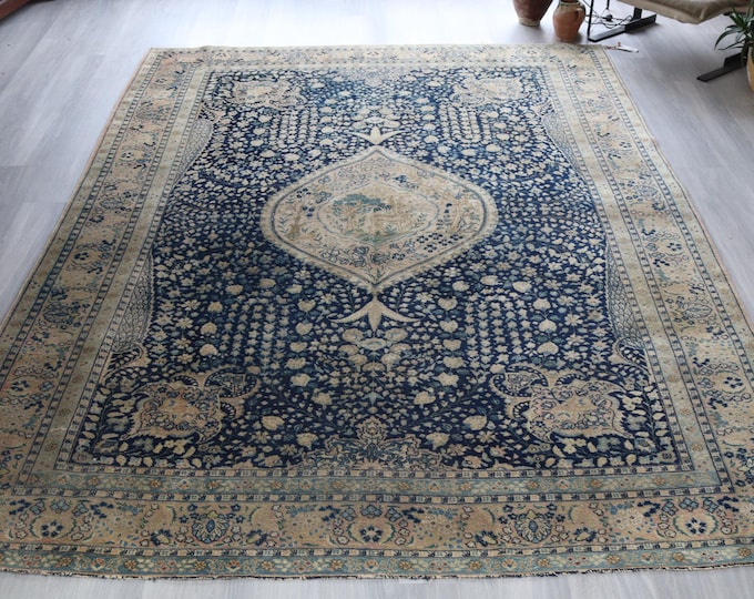 Vintage  Blue-Beige Rug, Blue Handwoven  Oushak  Rug , 8'6''x11'3''  / B- 1833