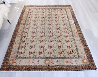 Retro Rug , Vintage Floral   Rug, Rose Design Handwoven Rug, Mute  Floral Rug / B-1673 / 4'5"X7' / B-1673 /