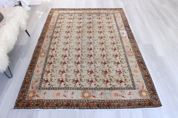 Retro Rug , Vintage Floral   Rug, Rose Design Handwoven Rug, Mute  Floral Rug / B-1673 / 4'5"X7' / B-1673 /