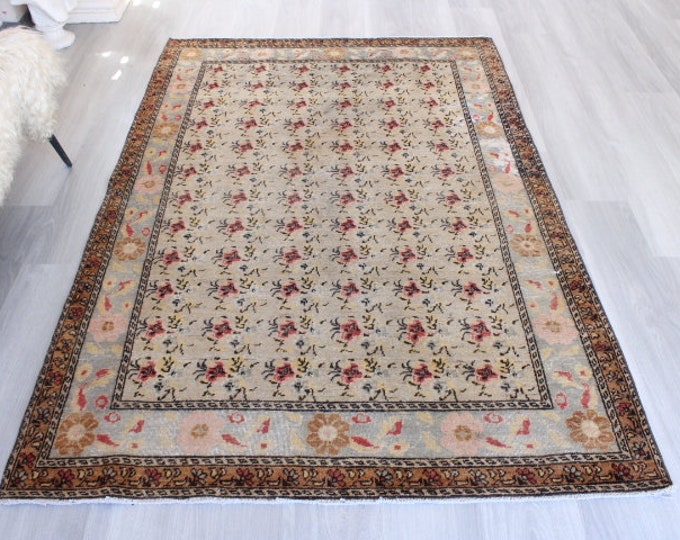 Retro Rug , Vintage Floral   Rug, Rose Design Handwoven Rug, Mute  Floral Rug / B-1673 / 4'5"X7' / B-1673 /