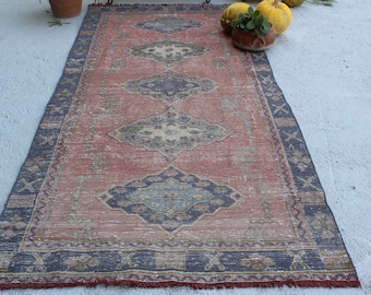 4'1"x9'8" ft  Vintage Turkish Rug Runner, Red-Blue Rug Runner, Ethnic Konya Rug Runner, Decorative Rug Runner, Medallion Rug Runner