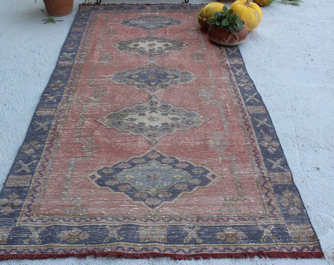 4'1"x9'8" ft  Vintage Turkish Rug Runner, Red-Blue Rug Runner, Ethnic Konya Rug Runner, Decorative Rug Runner, Medallion Rug Runner