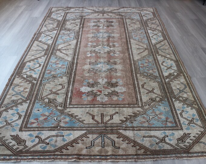 Vintage Rug, Large Beige Rug, Ethnic Beige-Blue Rug , Vintage Milas Rug, Ethnic Milas Rug / B-1373