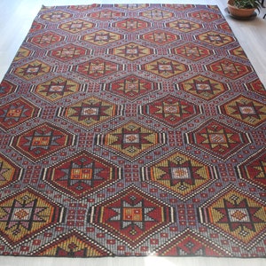 Ethnic Blue Kilim Rug, Star Design Blue Rug, Bohemian Kilim Rug , Vintage Kilim Rug / B-1750 / 6&#39;6&quot;x9&#39;9&quot;