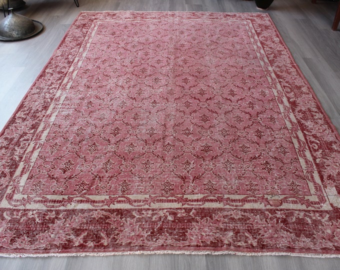 7'x9'7" ft Vintage Pink Rug, Large Pink Rug, Pink Oushak Rug, Vintage Floral Rug, Large Area Rug, Large Vintage Rug / B-1385