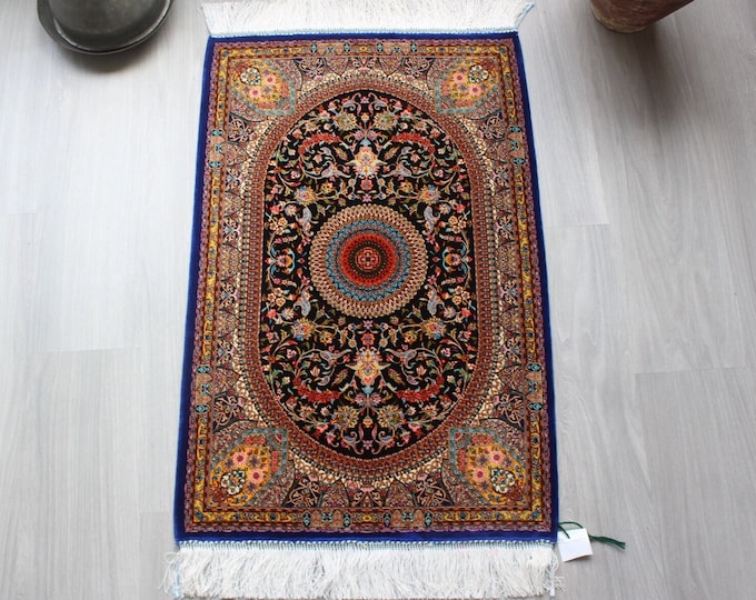 Dark Blue Silk Rug, Small Marine Silk Rug , Silk Rug Tapesty, Oriental Silk Rug / B-1792