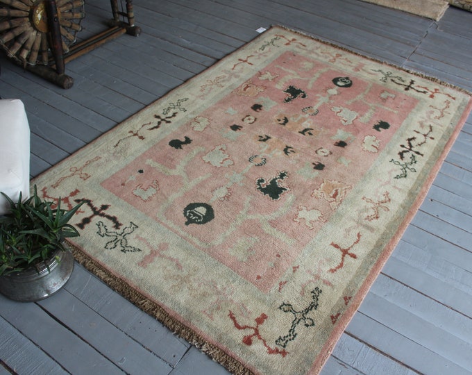 4'2"x6'3" Vintage  Beige-Pink  OUSHAK  Rug, Turkish Anatolian Oushak Rug,Ethnic Bohemian Rug