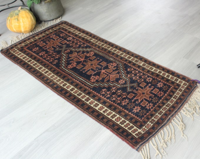Small Vintage rug, Small Ethnic Rug, Bohemian Blue Rug , Handwoven Wool Rug, Vintage Turkish Rug / B-1642 /