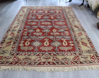 Natural Wool Rug, Handwoven Turkish Rug, Wool on wool Rug , Bohemian Rug / B-1893 / 6'7''x9'7''