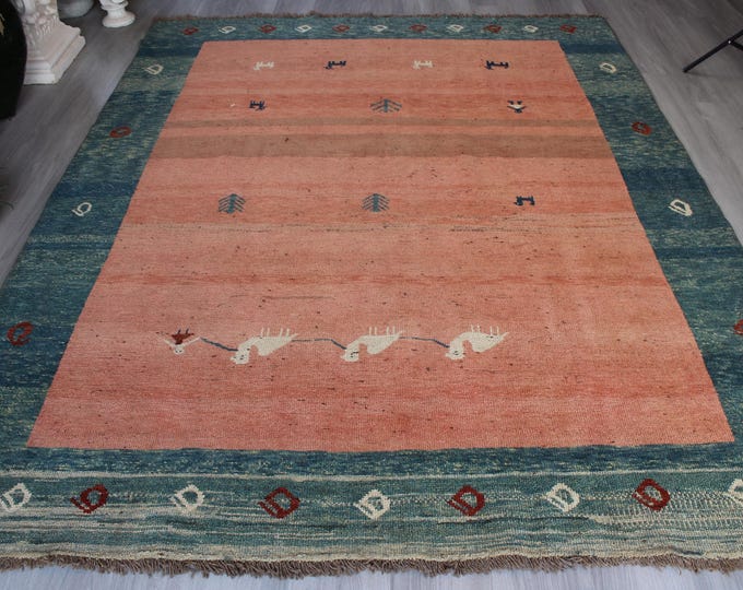Large Salmon Color Wool Rug, Scandinavian Style Rug, Modern Gabbe  Rug / B-1872 / 7'2''x9'3''