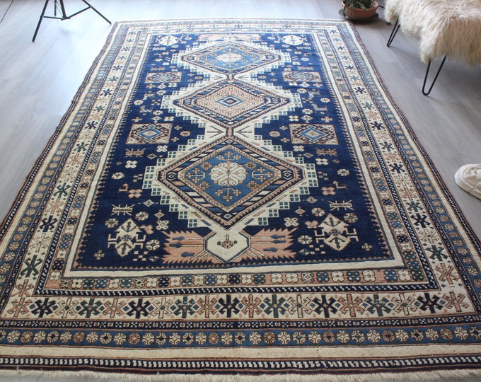 Vintage Oushak  Rug Vintage Dark Blue- White Rug , Large  Area Rug, Bohemian Rug / B-1756 / 6'5"x10'6"