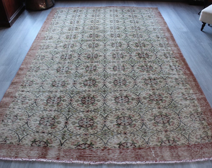 Vintage Floral Rug, Large Area Rug, Vintage Turkish Rug , Vintage Oushak Rug , Ethnic Decorative Rug / B-1372 / 5'8"x 8'9"