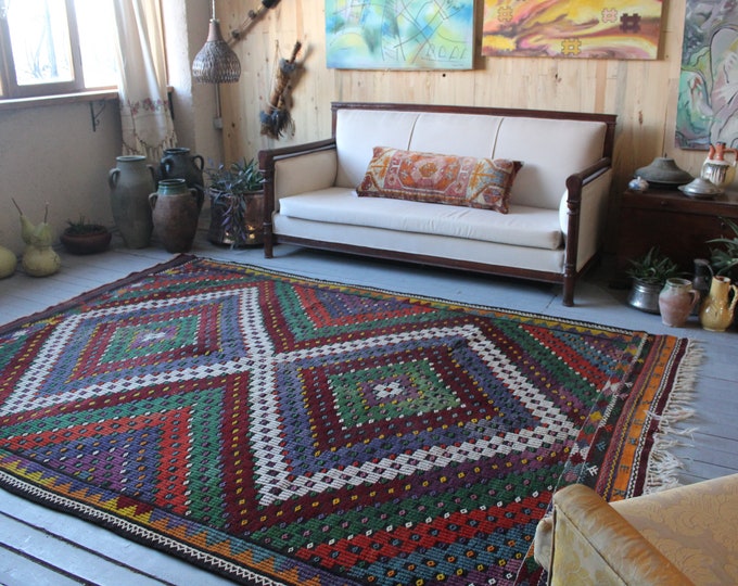 6'7"x9'3" Vintage Large Kilim Rug, Ethnic Bohemian Area Kilim , Handwoven Wool Large Kilim