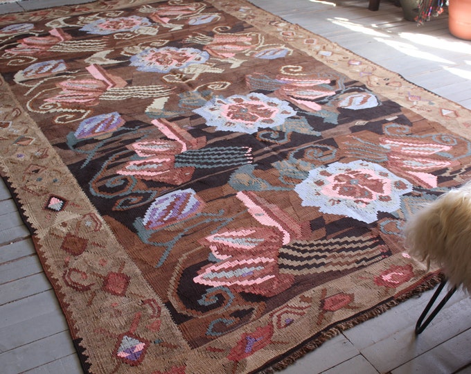 7'2"x12' ft Vintage Large Kilim, Large Karabagh Kilim, Brown-Lavender Rose Kilim , Large Area Kilim