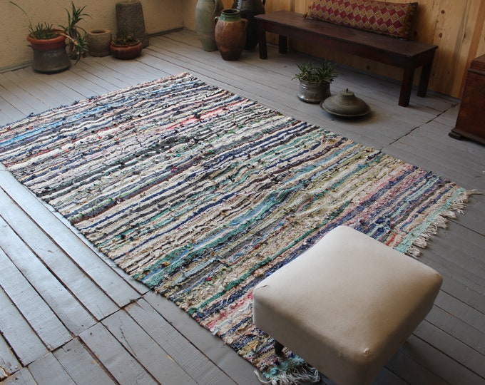 5'3"x7'9" ft Blue RAG RUG, Vintage Blue Striped Rag Rug, Ethnic Rag Rug, Bohemian Rag Rug, Traditional Turkish CHAPUT Kilim
