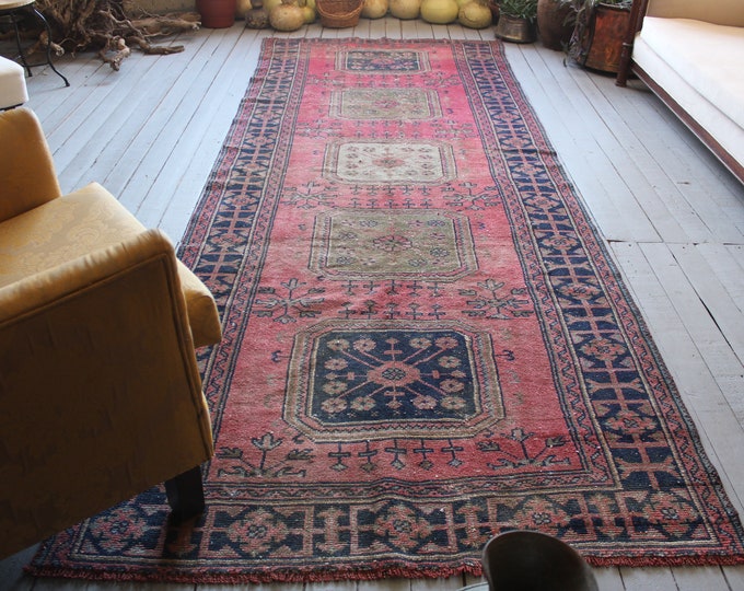 4'2"x11'6"ft  VINTAGE Red oushak Rug Runner,Turkish Handwoven Low Piled Red Rug Runner,Hallway Carpet,Hallway Red Rug Runner