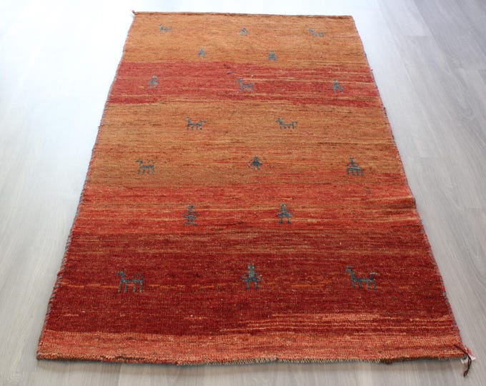 Red Wool  Rug, Red Modern Rug, Red Scandinavian Rug , Red Gabbeh Rug / B-1882 / 3'4''x6'3''