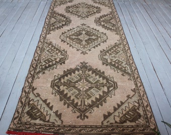 Vintage  Pale Pink Oushak Runner Rug, Ethnic Tribal Brown -PInk Distressed Low Piled Rug Runner, Turkish Hallway Carpet