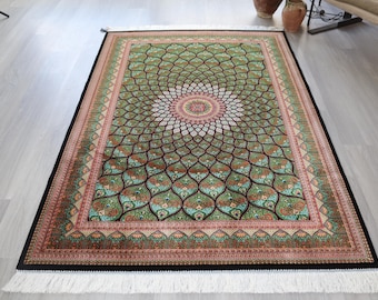 Green Silk Rug, 3'9''X5'9'' , Handwoven Medallion Silk Rug , 4'x6' silk rugs / B-1904