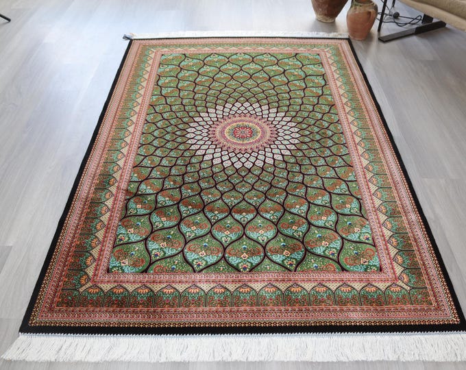 Green Silk Rug, 3'9''X5'9'' , Handwoven Medallion Silk Rug , 4'x6' silk rugs / B-1904