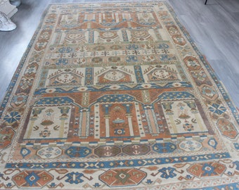 Terra cotta-beige -Blue Rug, Large Turkish Rug, Large Ethnic Rug , Large Piled Rug / B-1759 / 6'3"x10'6"