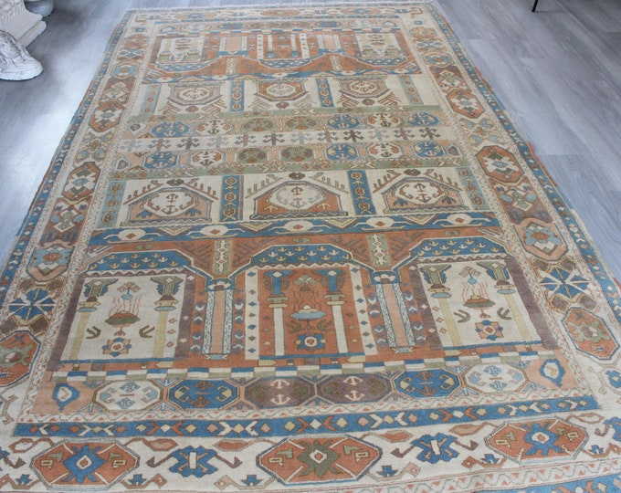 Terra cotta-beige -Blue Rug, Large Turkish Rug, Large Ethnic Rug , Large Piled Rug / B-1759 / 6'3"x10'6"