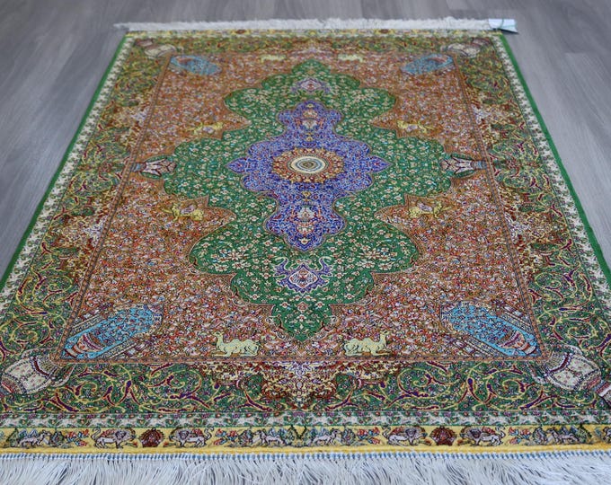 Green -Turquoise-Terra Cotta Silk Rug , Small Silk Rug , Oriental Silk Rug / B-2032 / 2'6''x4'
