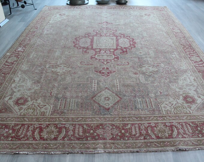 9'1"x11'5" ft  Vintage Oushak Rug, Large Beige-Pink Rug, Vintage Turkish Rug, Traditional Anatolian Rug, Large Area Rug